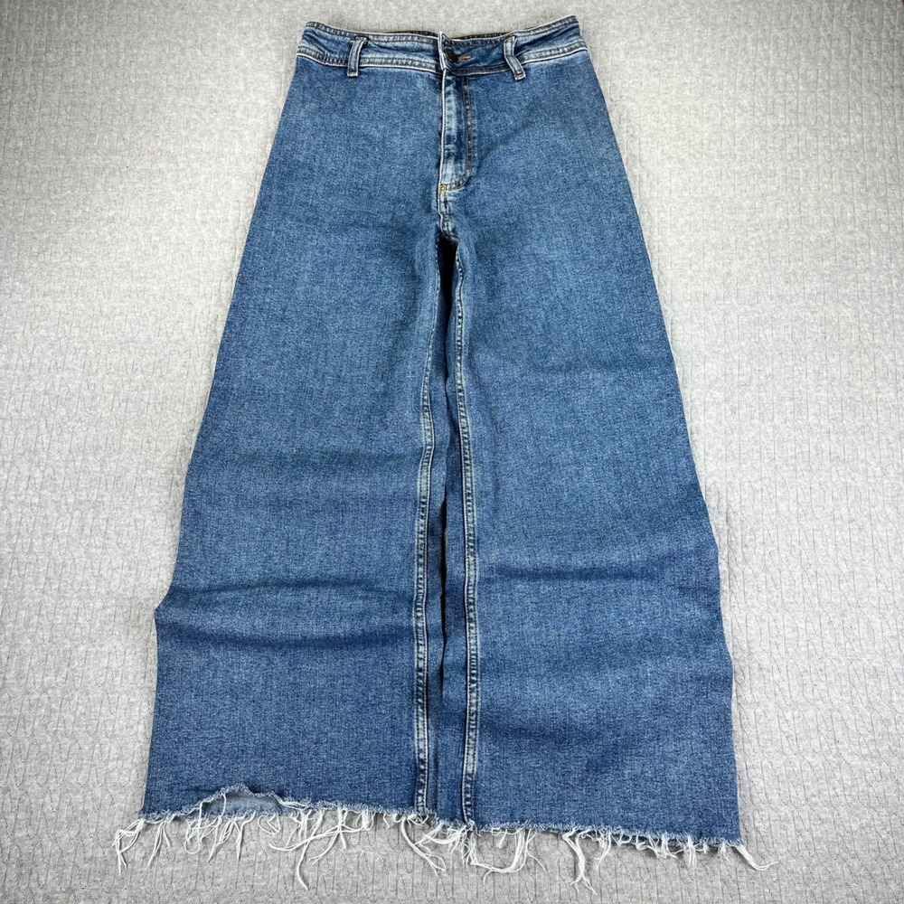 Zara Y2K 90s Baggy Wide Leg Jeans Women ‎ 4(25X26) Blue Raw Hem High Rise Denim